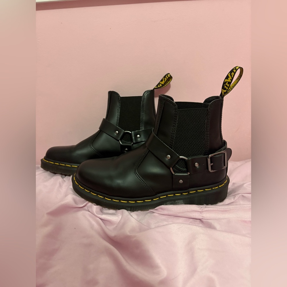 Dr. Martens Black Leather Ankle Boots with Yellow Stitching